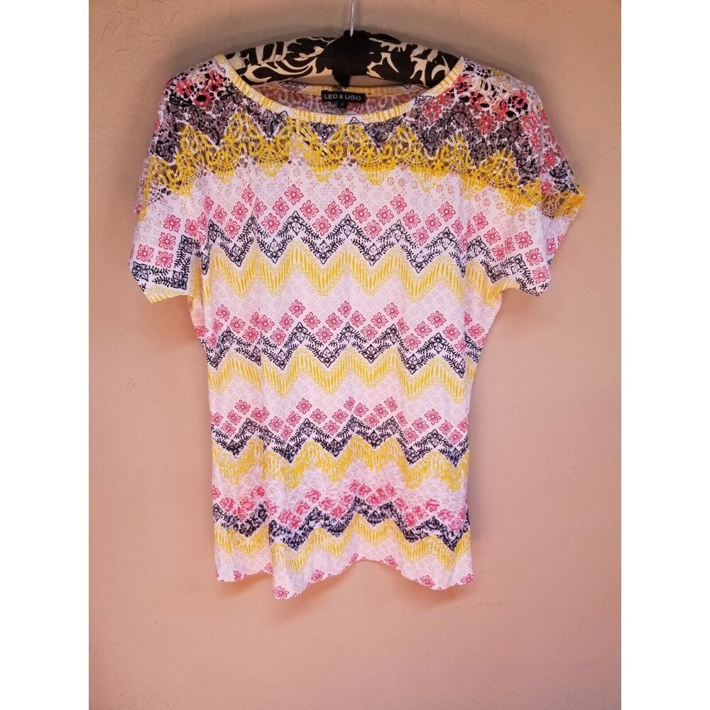 New Leo & Ugo Lace Top Short Sleeve Chevron Floral Multicolor Women's Size 2